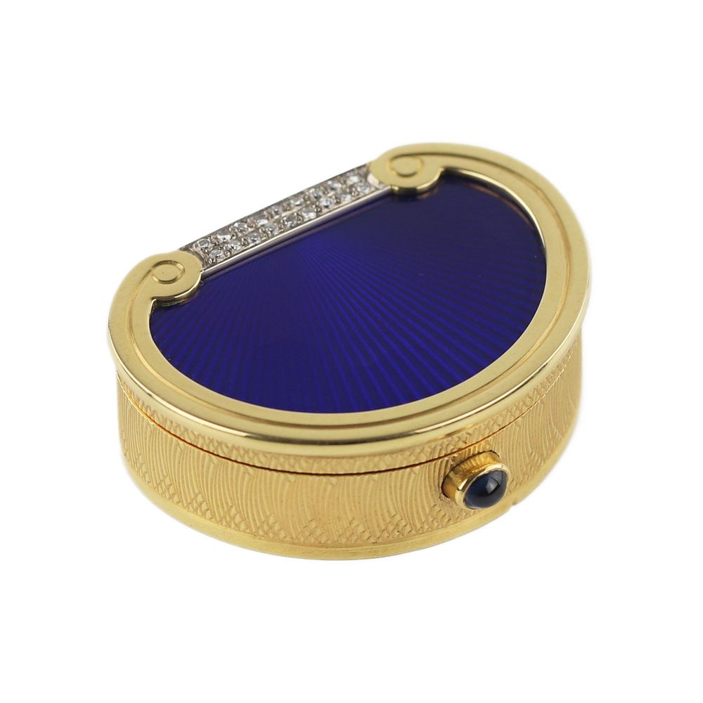 19th century English gold pill box with diamonds and guilloch&eacute; enamel. English gold pill box 