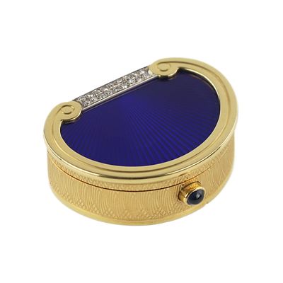 19th century English gold pill box with diamonds and guilloché enamel. English gold pill box 