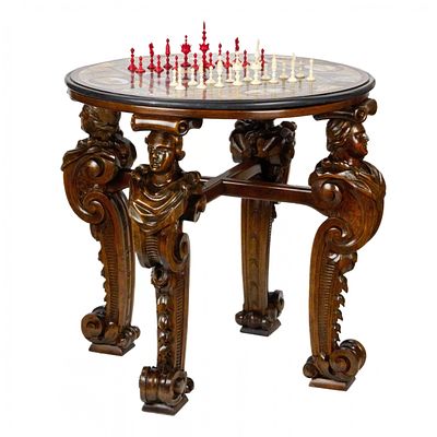 IMPRESSIVE CHESS TABLE WITH PRECIOUS ROMAN MOSAIC ON CARVED LEGS. ITALY. 19TH CENTURY. An 