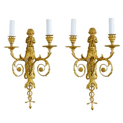 Pair of French gilt bronze sconces, Louis XVI style, 19th century. Pair of French gilt bronze 