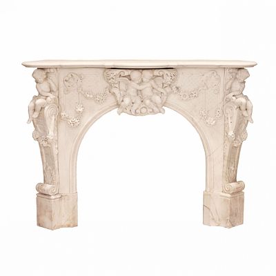 French white marble fireplace with cupids, Louis XV style. 19th century. Large and spectacular 