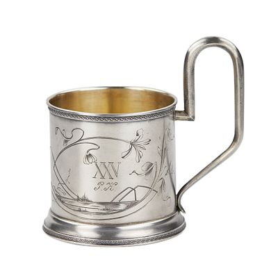 Silver glass holder. Royal Russia. Silver coaster, with a quivering curve of the handle and 
