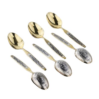 Six gilded, silver, dessert spoons with a niello pattern. USSR. 1960-80s Leningrad hallmark 875 