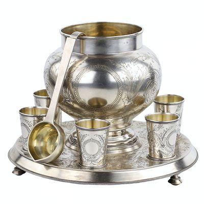 Russian gift silver punch set. A. Ivanov factory. Moscow 1895. Luxurious gift silver punch set 