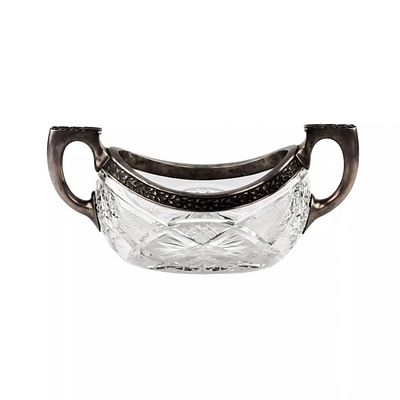 Crystal vase in silver. Crystal fruit vase, decorated with branches and laurel shoots. 