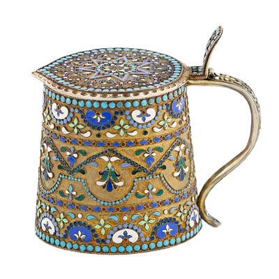 Russian, silver cloisonn&eacute; enamel mug in neo-Russian style. 20th century. Russian, silver mug 
