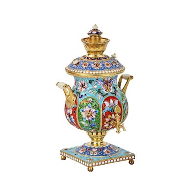 Silver, gilded, with painted enamels samovar. Brand 84. Weight: 155 gr. Height: 11 cm. 
