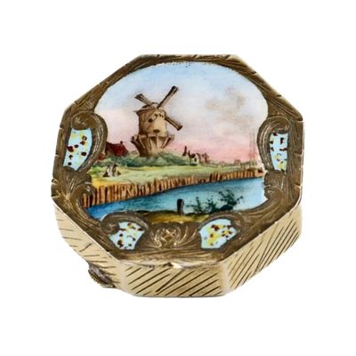 Snuff box. Octagonal silver snuffbox with engraving and enamel view of the mill in rocailles. 