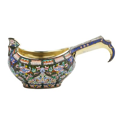 БОЛЬШОЙ РУССКИЙ СЕРЕБРЯНЫЙ КОВШ С ПЕРЕГОРОДЧАТОЙ ЭМАЛЬЮ МАСТЕРА КОНСТАНТИНА СКВОРЦОВА РОССИЯ 