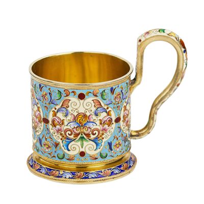 СЕРЕБРЯНЫЙ ПОДСТАКАННИК С ЭМАЛЯМИ. ФЁДОР РЮККЕРТ РОССИЯ, МОСКВА, НА РУБЕЖЕ XIX – XX ВЕКА. Изыскан 