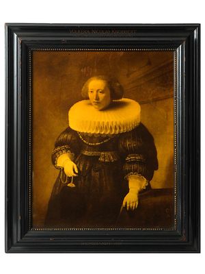 ANTIQUE FEMALE PORTRAIT SEPIA PRINT AFTER REMBRANDT. An antique sepia tone print of Volera 