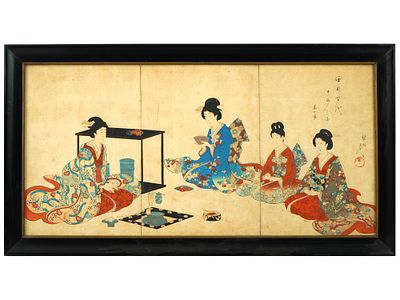 TRIPTYCH JAPANESE WOODBLOCK PRINT BY YOSHU CHIKANOBU. Toyohara Chikanobu, Japanese, 1838 to 1912 