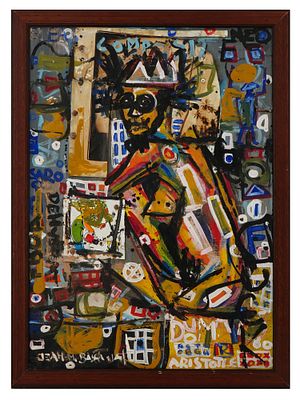 MIXED MEDIA PAINTING ATTR TO JEAN MICHEL BASQUIAT. A mixed media painting on canvas, Aristotle 