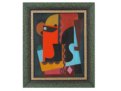 FRENCH CUBIST OIL PAINTING AFTER AUGUSTE HERBIN. An oil on board painting depicting a colorful 