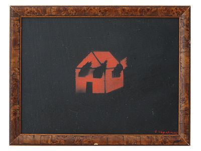 SIGNED DAVID WOJNAROWICZ AMERICAN OIL PAINTING. An oil on board painting depicting a red burning 