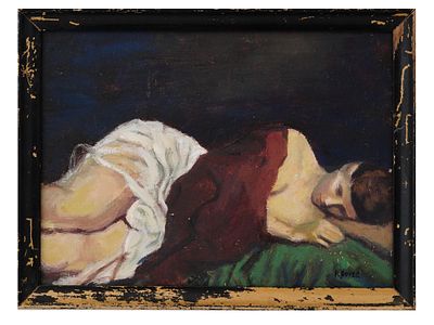 VTG OIL PAINTING AFTER RAFAEL SOYER RUSSIAN AMERICAN. An oil on board painting depicting a 