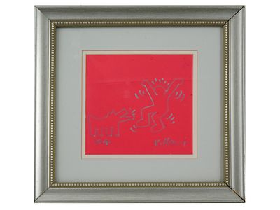 KEITH HARING SILVER INK ON PINK PAPER PAINTING W COA. Keith Haring, American, 1958 to 1990 