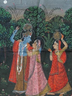 ANTIQUE INDIAN PICHWAI KRISHNA AND RUKMINI PAINTING. An antique Indian Pichwai painting 