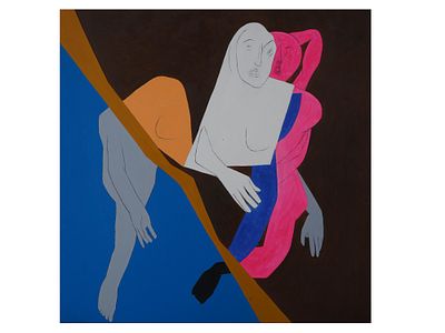 MODERN INDIAN OIL PAINTING IN MANNER OF TYEB MEHTA. An oil painting on canvas depicting a 