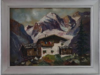 PAINTING BY KARL MERK LANDSCAPE. German, framed oil on panel depicting snow-capped mountains and 