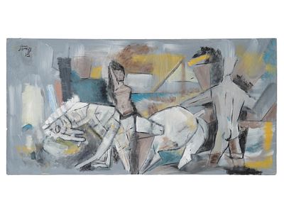 AFTER MF HUSAIN INDIAN HORSES OIL PAINTING. Oil on canvas painting. After Maqbool Fida Husain 