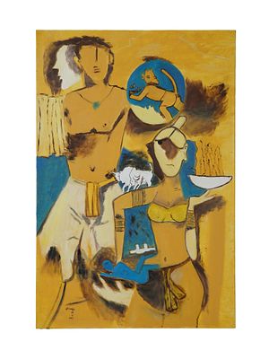 AFTER MF HUSAIN INDIAN HINDU OIL PAINTING. Oil on canvas painting. After Maqbool Fida Husain 