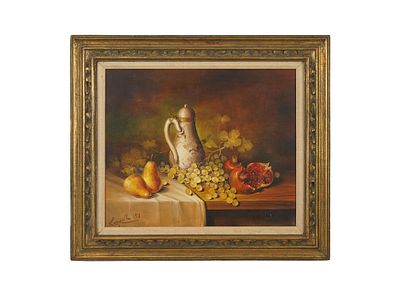 MID CENTURY FRUIT STILL LIFE OIL PAINTING SIGNED. Oil on canvas painting. American, mid-20th 