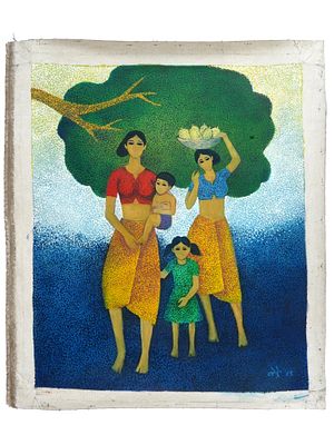 INDIAN OIL PAINTING SIGNED NARAYAN SHRIDHAR BENDRE. An oil painting on canvas depicting a group 