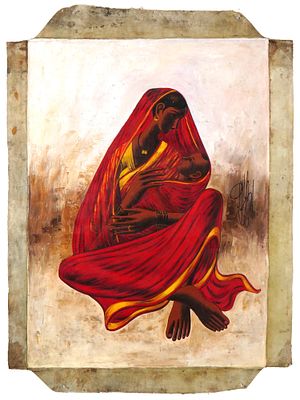 ATTR TO B. PRABHA INDIAN PORTRAIT OIL PAINTING. Oil on canvas painting. Attributed to B. Prabha 