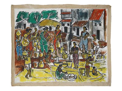 INDIAN RURAL GENRE SCENE OIL PAINTING SIGNED ARA. An oil painting on canvas depicting a rural 