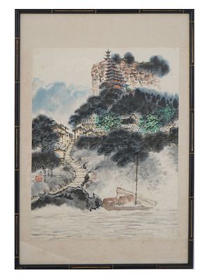 CHINESE RURAL RIVER LANDSCAPE WOOD BLOCK PRINT. A Chinese woodblock print on paper depicting a 