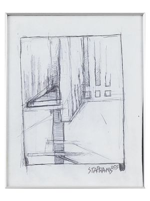 PEN ON PAPER PAINTING SIGNED RAIMONDS STAPRANS. A pen on paper painting depicting an 