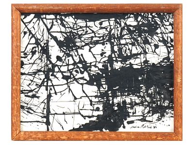 ABSTRACT OIL PAINTING SIGNED JACKSON POLLOCK. An oil on paper painting depicting an abstract 