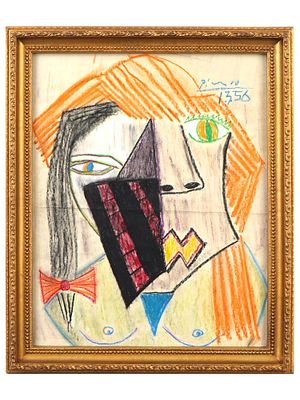 PABLO PICASSO CUBIST FEMALE PORTRAIT PAINTING. A color pastel on paper artwork depicting a 