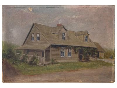 ANTIQUE AMERICAN SCHOOL OIL PAINTING COUNTRY HOUSE. An antique American school of the early 20th 