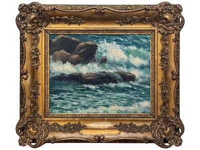 ANTIQUE AMERICAN SCHOOL OIL SEASCAPE PAINTING C 1910. An antique early 20th century American 