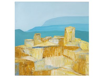 EUROPEAN MODERNIST PAINTING ON CANVAS VILLAGE VIEW. An oil painting on canvas capturing a 
