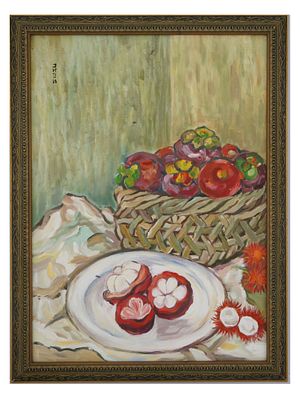 MODERNIST FRUIT STILL LIFE OIL PAINTING SIGNED. A Modernist oil painting on canvas depicting a 