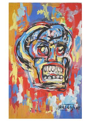 JEAN MICHEL BASQUIAT MANNER MIXED MEDIA PAINTING. A mixed media painting on cardboard depicting 