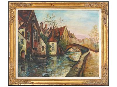 ALFRED SISLEY MANNER FRENCH TOWNSCAPE OIL PAINTING. An impressionist oil painting on canvas 