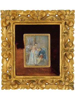 ANTIQUE EUROPEAN GALLANT SCENE MINI PAINTING FRAMED. An antique European, probably French 