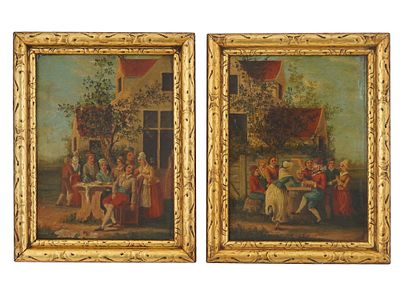 ANTIQUE 19TH C DUTCH SCHOOL GENRE OIL PAINTINGS. A pair of matching oil on canvas paintings. 