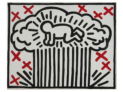 AFTER KEITH HARING AMERICAN ACRYLIC ON CANVAS PAINTING. Acrylic painting on canvas depicting a 