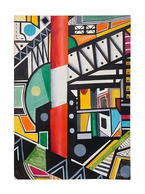 AFTER FERNAND LEGER FRENCH ABSTRACT OIL PAINTING. Oil on paper painting. In the manner of 