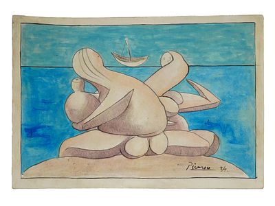 AFTER PABLO PICASSO SPANISH MODERNIST PAINTING. Mixed media on paper painting. After the 1937 