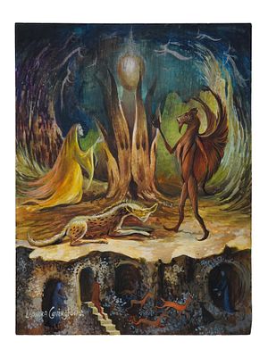 ATTR TO LEONORA CARRINGTON MEXICAN SURREALIST PAINTING. Mixed media on paper painting. 