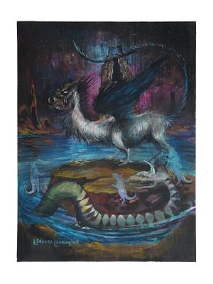ATTR TO LEONORA CARRINGTON MEXICAN SURREALIST PAINTING. Mixed media on paper painting. 