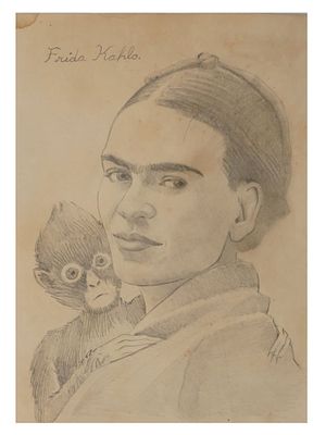 ATTR TO FRIDA KAHLO SELF PORTRAIT PENCIL PAINTING. Attributed to Frida Kahlo, American, Mexican 