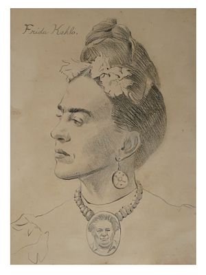 ATTR TO FRIDA KAHLO SELF PORTRAIT PENCIL PAINTING. Attributed to Frida Kahlo, American, Mexican 