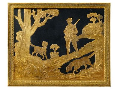 MINIATURE ETCHED FOIL METAL HUNTING SCENE ARTWORK. A miniature etched foil metal plaque artwork 